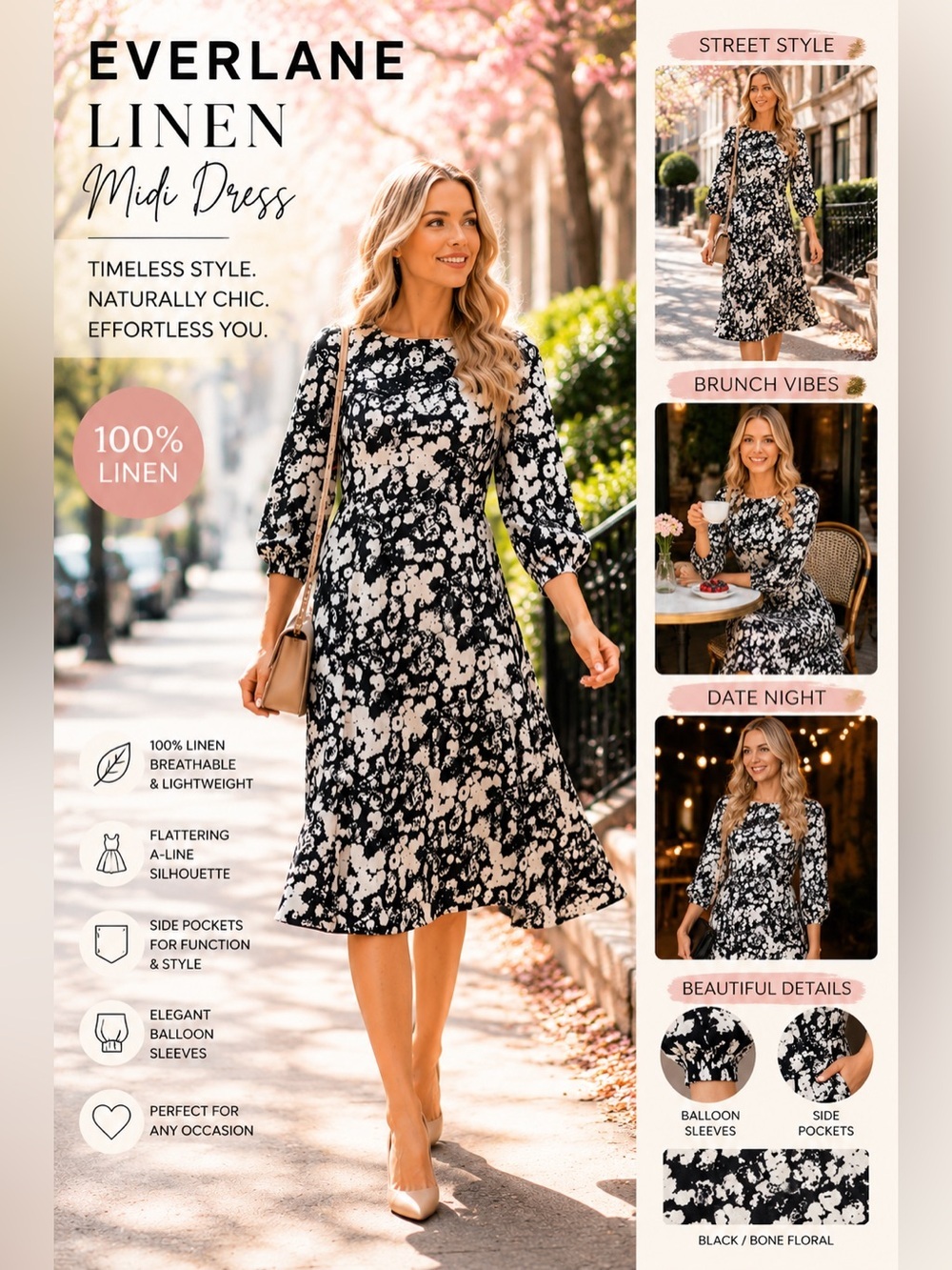 Everlane Black & White Floral Linen Midi Dress